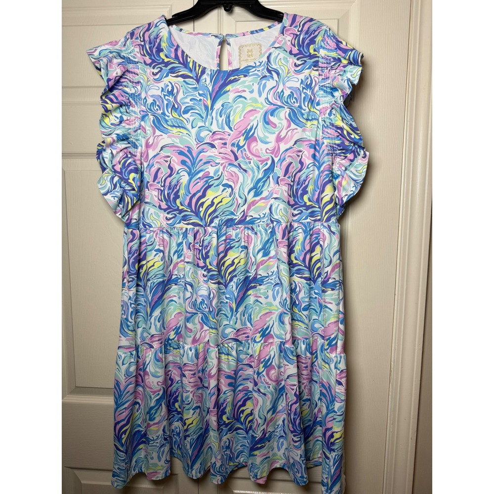 Simply Southern Watercolor Ruffle Sleeve Tiered Dress XL UPF 50+ Blue Pink New - Picture 9 of 10